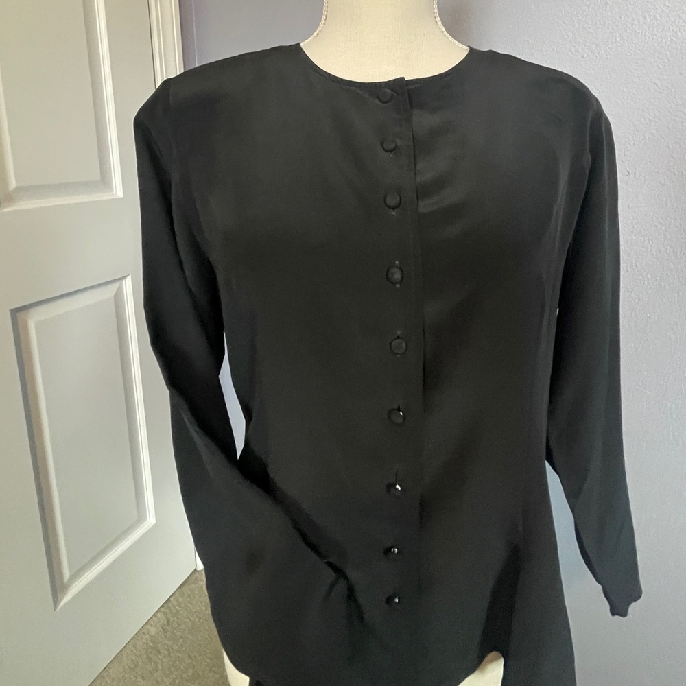 Classic Black Silk Button Front Blouse 12 Petite